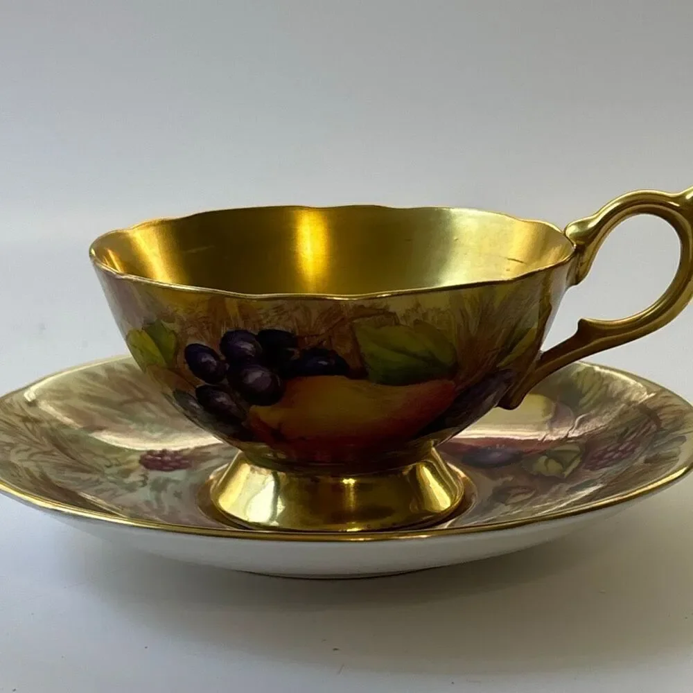 Vtg Aynsley Orchard Fruit Gold Tea Cup Saucer English Bone China England scallop